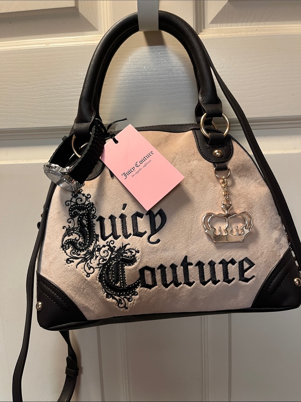 NWT Juicy Couture Renaissance Satchel cream velour brown trim goldtone hardware